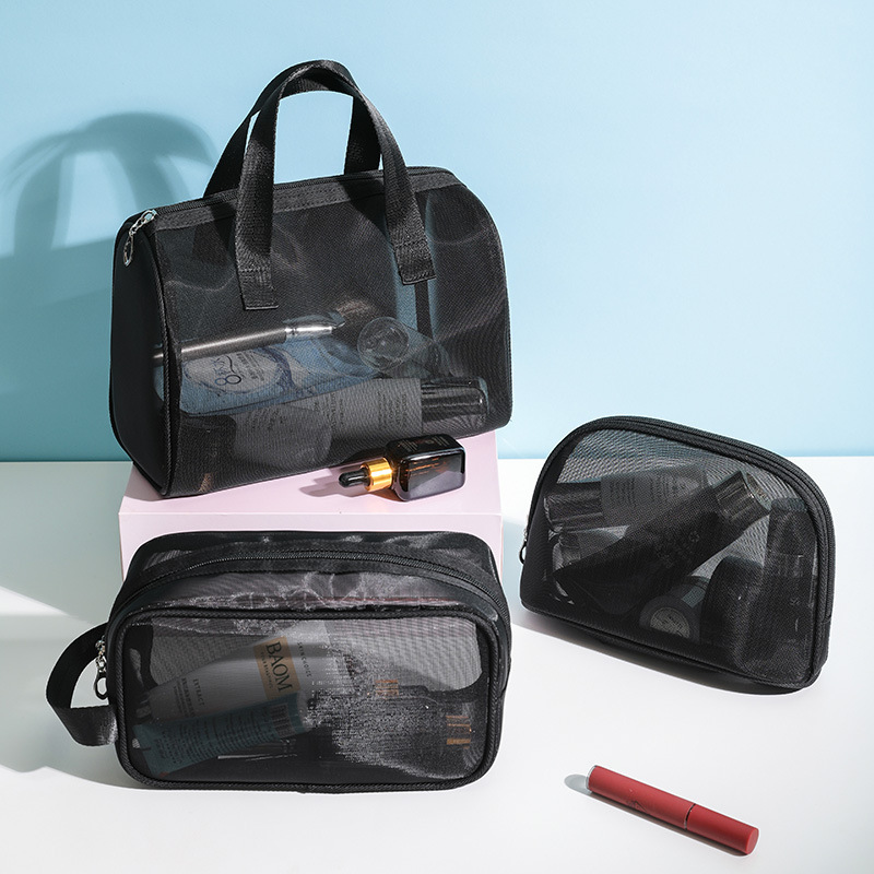 New Large Capacity Storage Bag Personal Hygiene Bag Three-Piece Travel Buggy Bag Black Transparent Mesh Cosmetic Bag