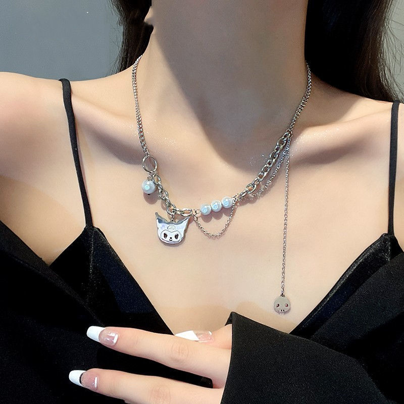 Yh Sweet Cool Ins Clow Pearl Beige Necklace Female Student Stitching Reflective Personality Clavicle Chain Fashion All-Match Necklace