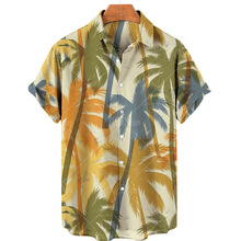 夏季新款椰树3D印花夏威夷开衫短袖翻领衬衫男士海边沙滩度假衬衫