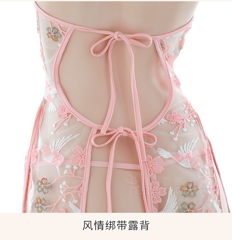 霏慕情趣内衣性感古典花鸟刺绣开衩旗袍国潮风透视挂脖睡裙女7078