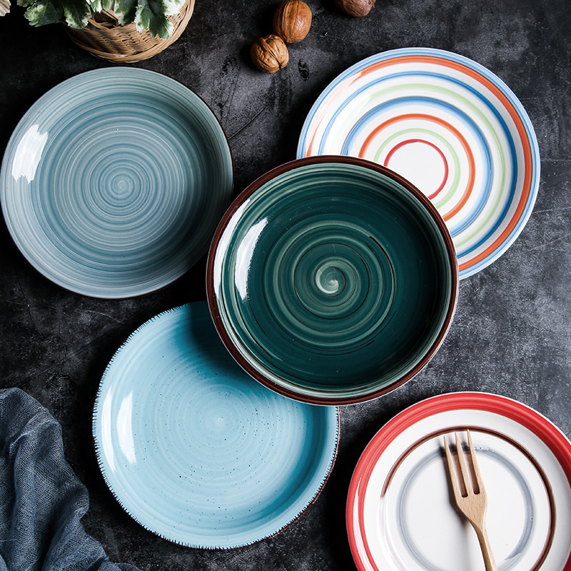 日式陶瓷艺术餐具创意手绘深盘平盘西餐网红盘子家用菜盘碟子