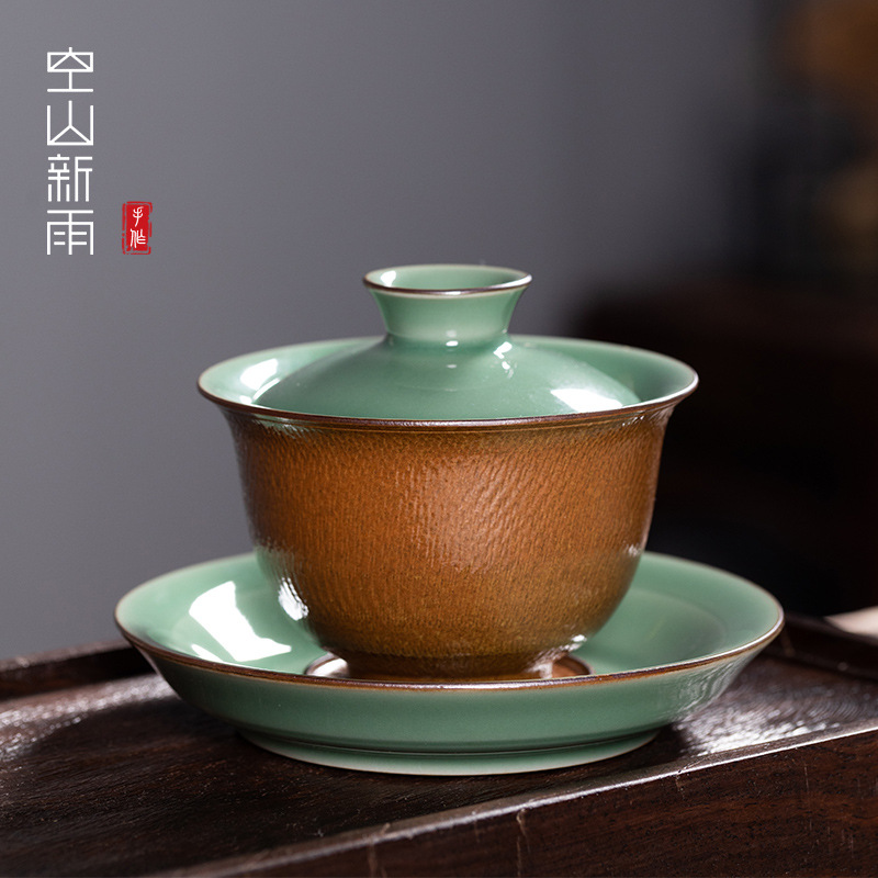 空山新雨龙泉青瓷三才盖碗陶瓷功夫茶具家用纯手工跳刀大号敬茶杯
