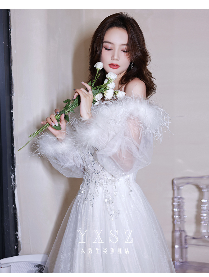 工厂货源白色羽毛晚礼服一字肩2022新款长袖宴会长款声乐艺考礼服