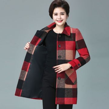 四五十岁妈妈装外套冬季新款羊毛呢大衣中老年女装加大码格子上衣