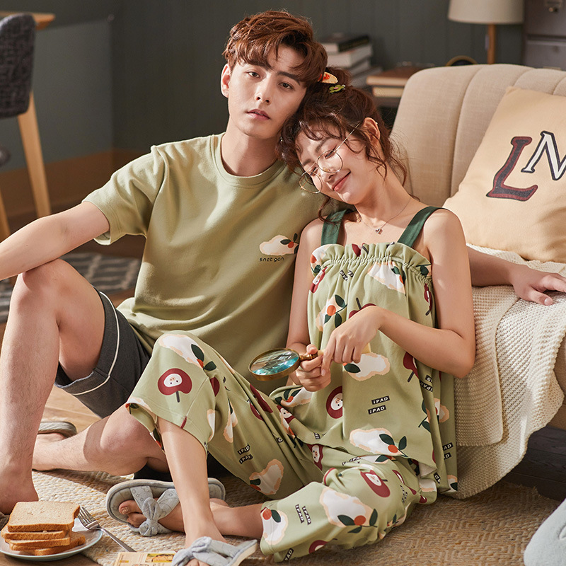 夏季情侣睡衣纯棉短袖短裤吊带薄款男女套装夏天休闲舒适家居服