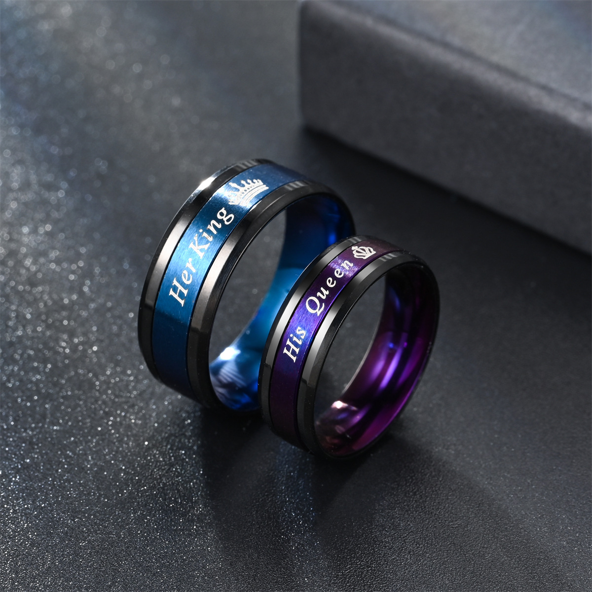 Exhibition Couple Cross-Border Hot Selling Creative Accessories Her King His Queen Couple Ring European and American Titanium Steel Ring