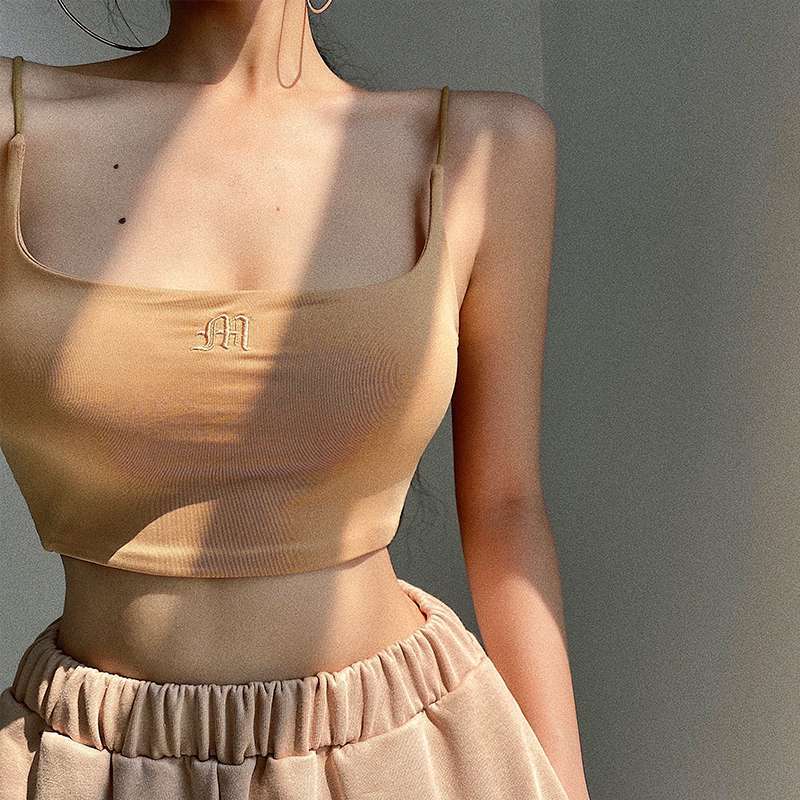 欧美风跨境女装亚马逊字母刺绣细肩带性感紧身短款露脐吊带小背心