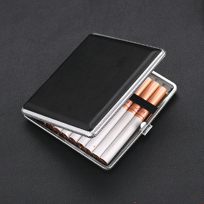 wholesale leather cigarette case men‘s boutique portable 20 pcs metal sticker leather cigarette case cigarette holder factory direct sales cigarette set