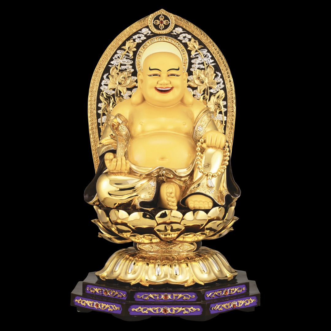 纯铜鎏金盛凡弥勒佛招财进宝如意坐像背光60cm道教弥勒佛摆件