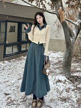 韩系牛仔拼接针织假两件上衣春装搭配一整套装女包臀半身裙两件套