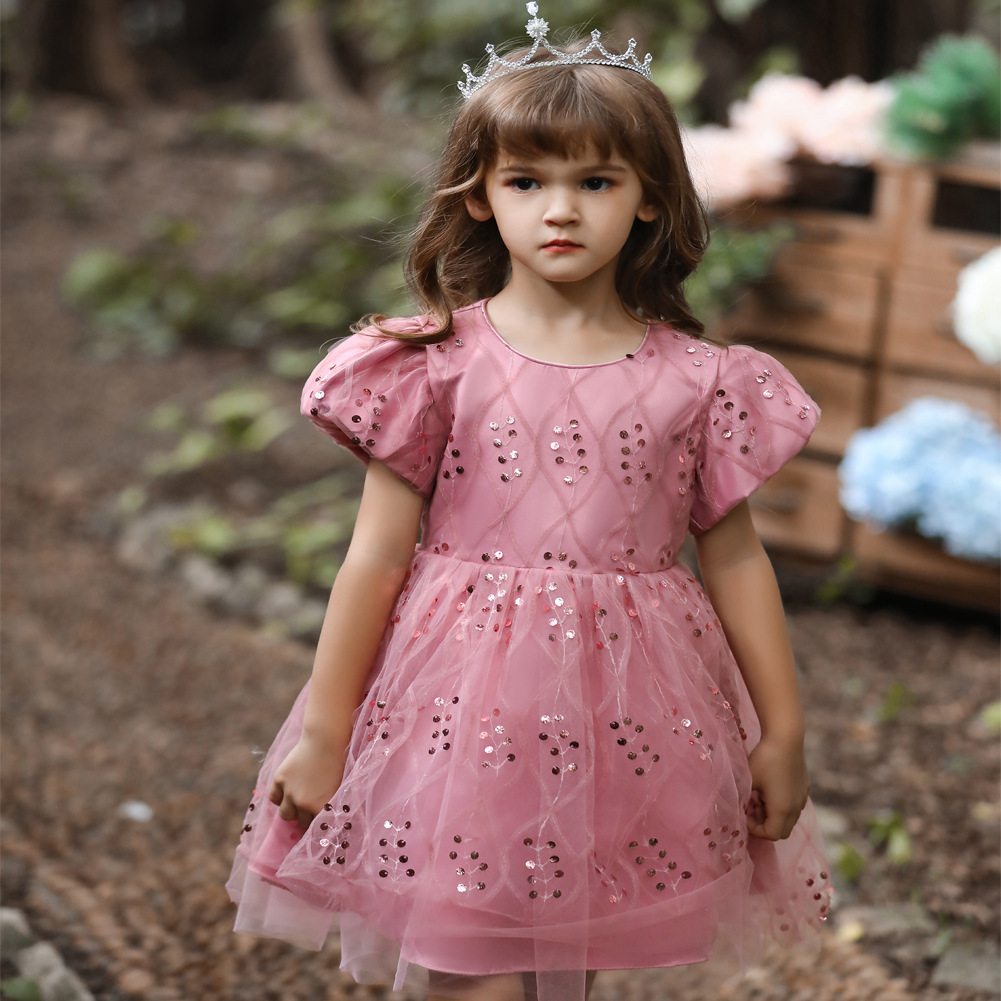 欧美热销外贸女童礼服裙圣诞节红色连衣裙公主泡泡袖网纱儿童裙