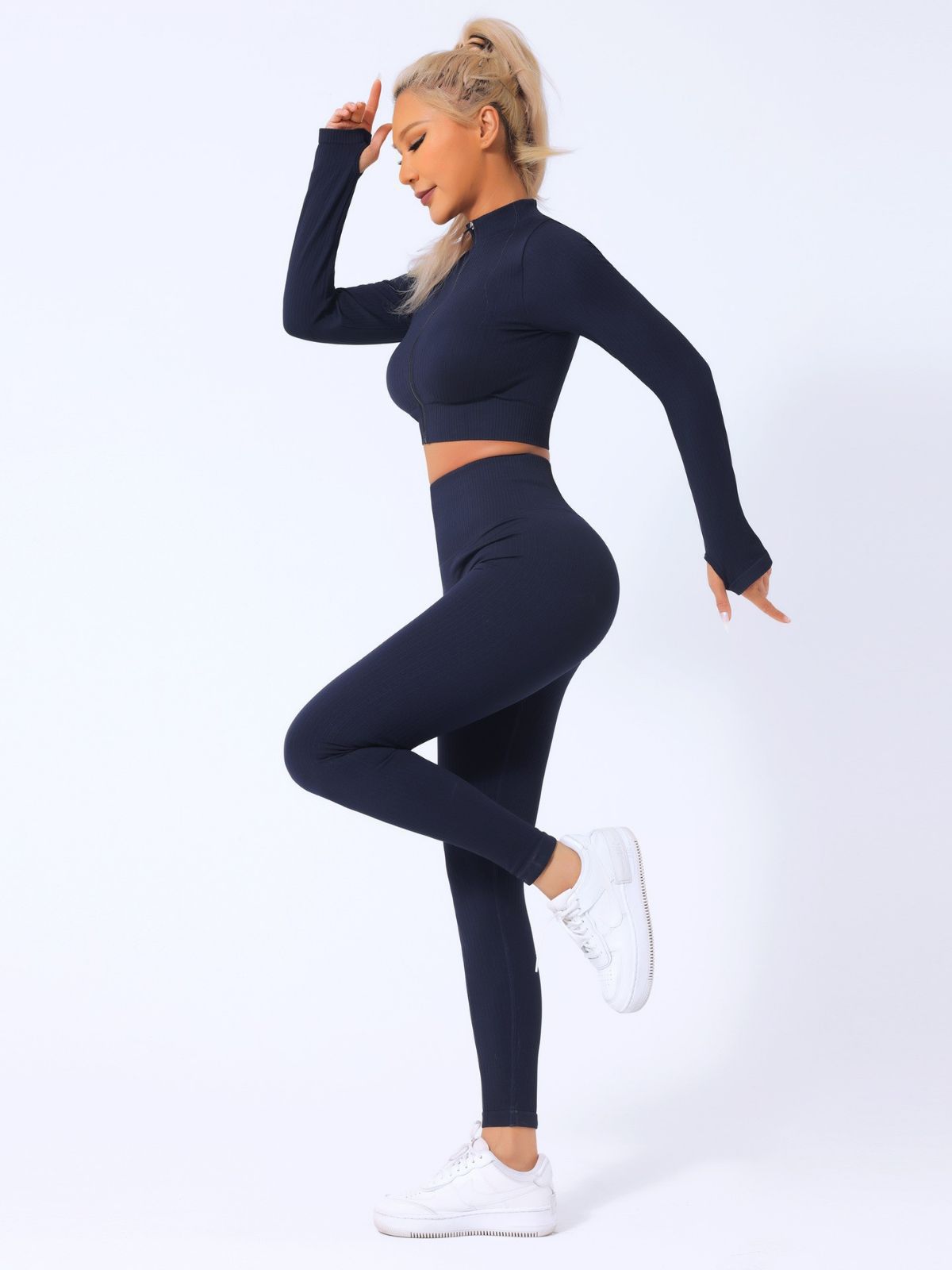 European and American Quick-Drying Fitness Exercise Yoga Clothes Suit Women's Long-Sleeve Zipper Workout Clothes Top Abdominal-Shaping High Waist Yoga Pants