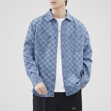 棋盘格重磅棉质感复古水洗美式牛仔衬衫男款春秋新款休闲长袖衬衣
