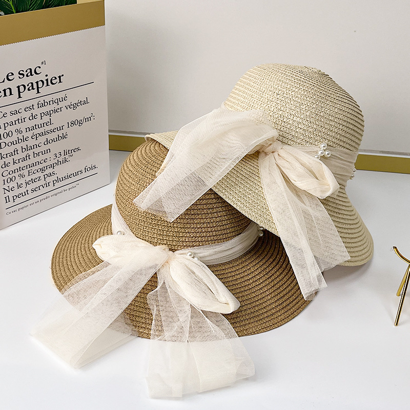 Summer Elegance Straw Woven Pearl Mesh Sun-Proof Straw Hat Female Bow French Sun Protection Hat Seaside Bucket Hat Bucket Hat