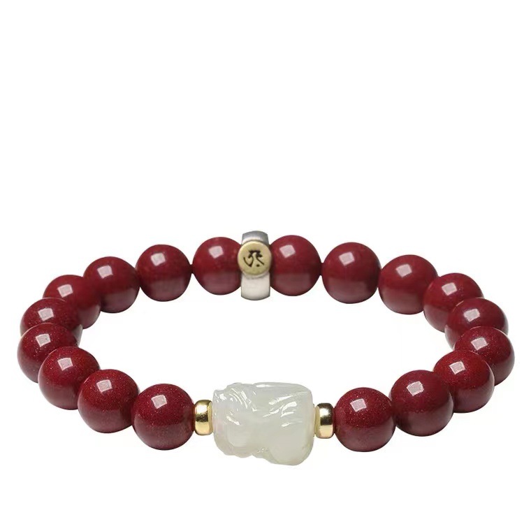 Year of Birth Women's Tiger Bracelet Hetian Jade Bracelet Cinnabar Bracelet Men's Year of Tiger Gift Buddha Beads Bracelet Year-Old Beads