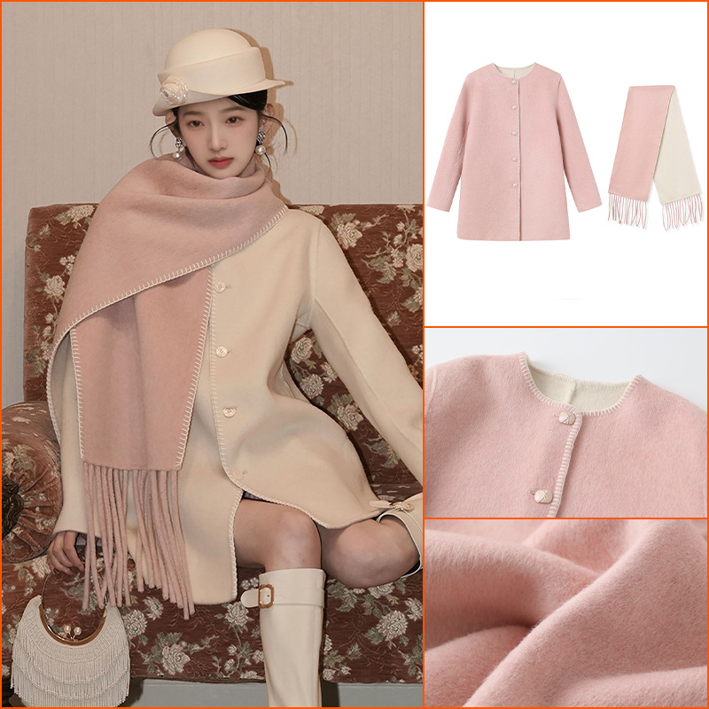 秋冬羊毛双面呢套装温柔风圆领大衣 + 双面保暖围巾两件套 NY008