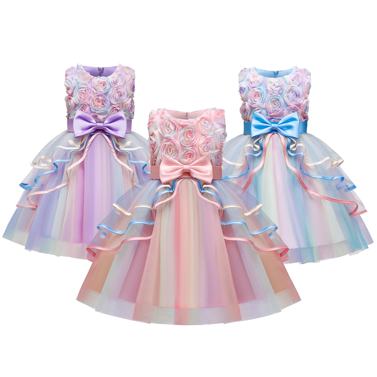 2023夏季新款女童玫瑰花蛋糕公主裙圣诞晚礼服kids dress欧美童裙