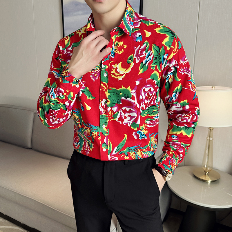 东北大花长袖衬衫男春秋2024新款花布衣服舞台演出服男装碎花衬衣