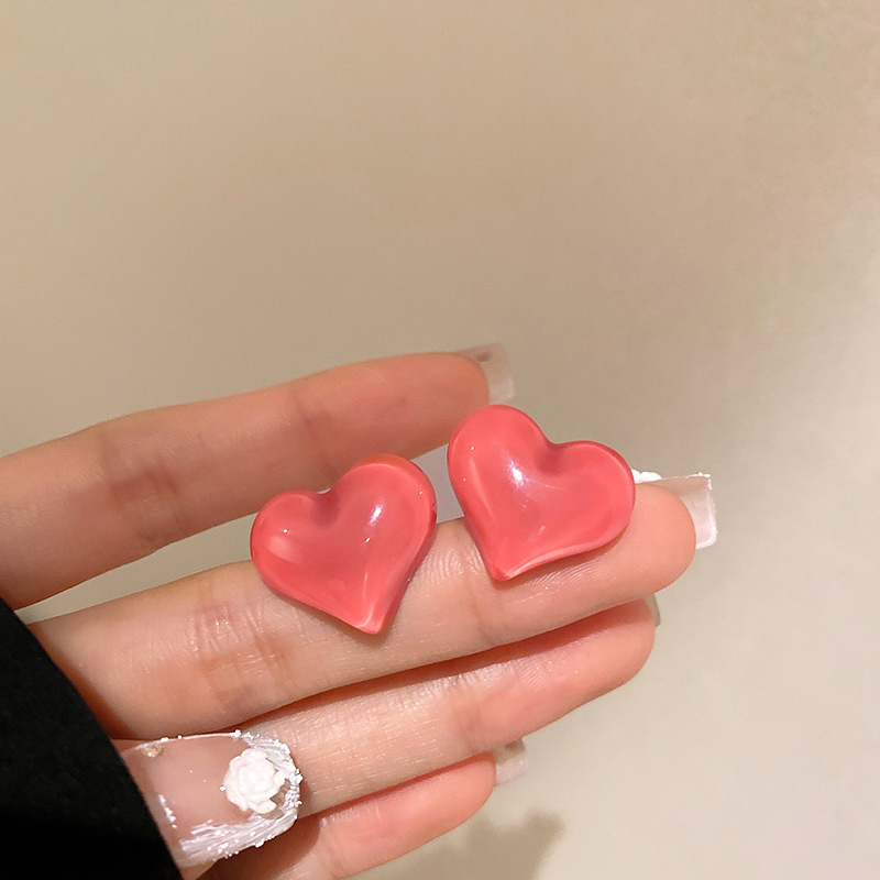 银针树脂粉色几何爱心耳环韩国时尚气质甜美耳钉简约少女心耳饰女