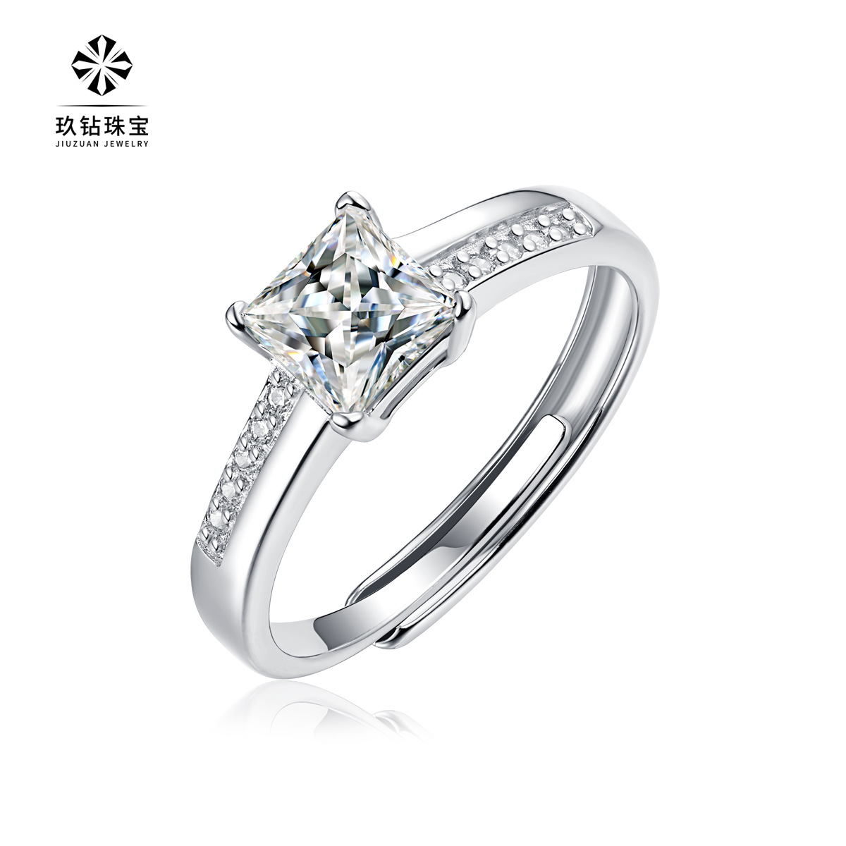 s925银戒指公主方钻莫桑石戒子时尚新款礼物活口可调节指环批发