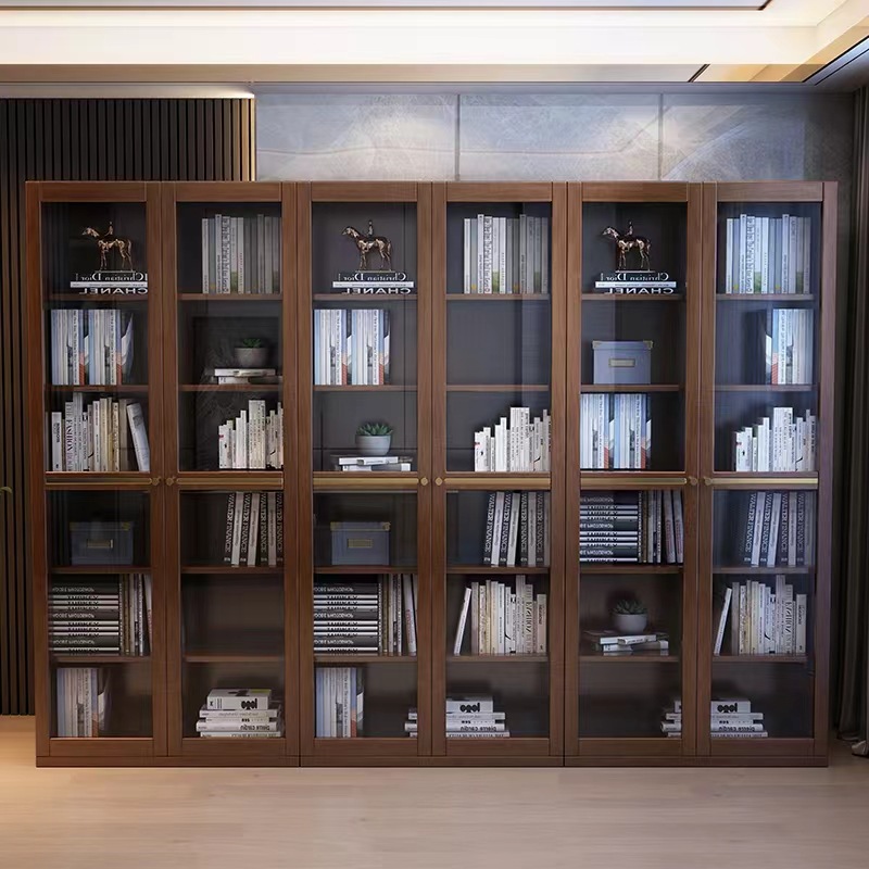 批发轻奢全实木书柜组合带玻璃门现代书房整墙新中式办公室落地柜