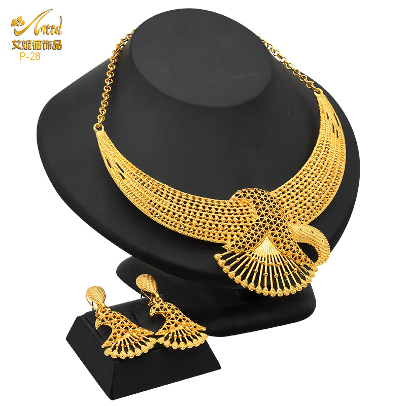 Dubai Bride 24K Gold-Plated Jewelry Set India Middle East Women's Fashion Necklace Earring Ring Bracelet Set