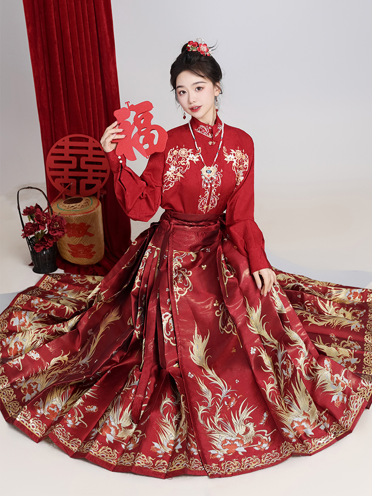 New Chinese Style Horse-Face Skirt Suit Women's Makeup Flower Hanfu Toast Clothing Chinese Style Red Wedding Clothes Matching Top Winter Style