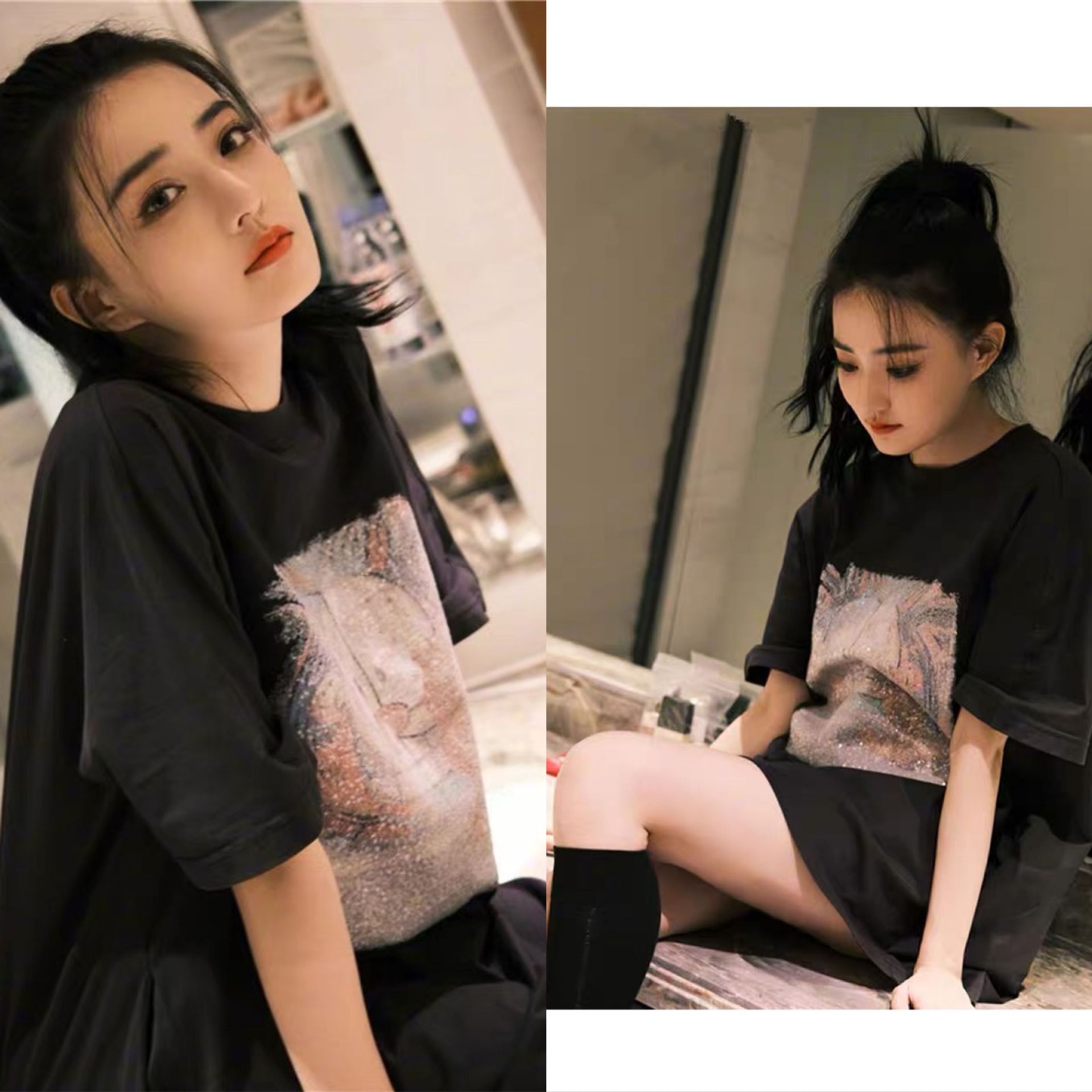 徐璐同款t恤女2022夏季新款黑色印花短袖下衣失踪t长款半袖上衣