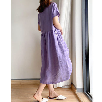 2024 New Amazon Independent Station Leisure Spring and Summer Loose Dress Short Sleeve round Neck Solid Color Cotton Linen Dress