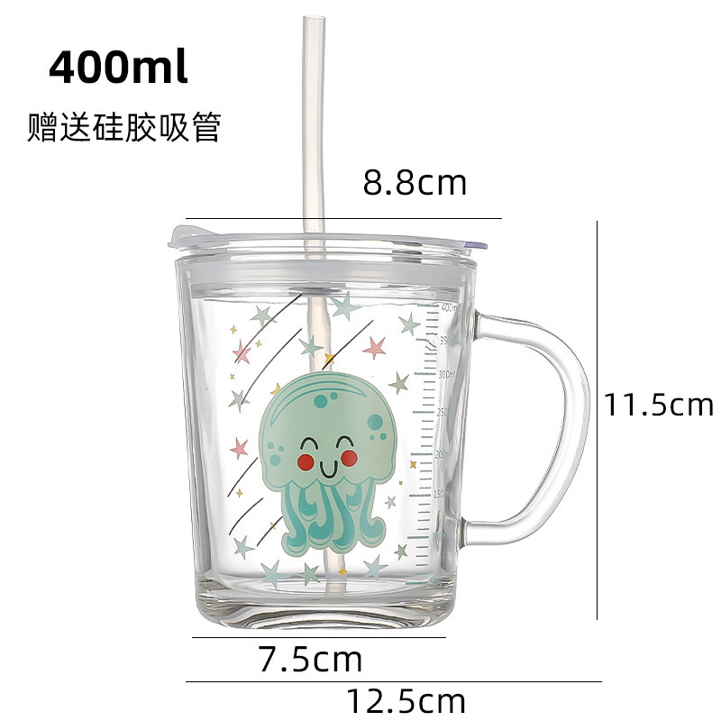 Internet Celebrity Children's Straw Cup Milk Cup Thickened Handle Graduated Glass Oats Breakfast Cup Heat Resistant Glass Wholesale