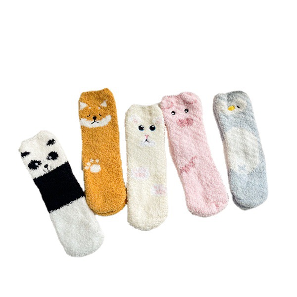 Autumn and Winter New Mid-Calf Cartoon Animal Embroidery Women's Socks Coral Fleece Women's Socks Casual Thickening Warm Sleeping Socks