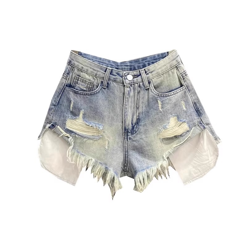 Light Blue Hot Girl Fashion Pocket Exposed Hand Frayed Brushed Raw Edge Denim Ultra Short Hot Pants Niche A- line Shorts