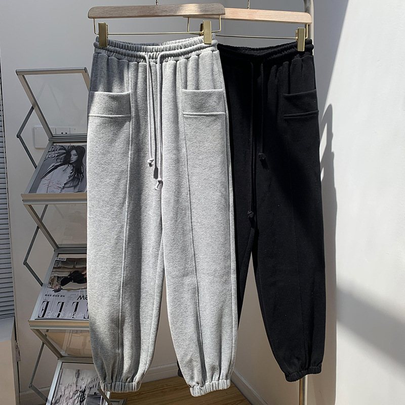 高腰宽松束脚休闲裤女2021春秋新款纯色兜兜裤长裤子百搭显瘦卫裤