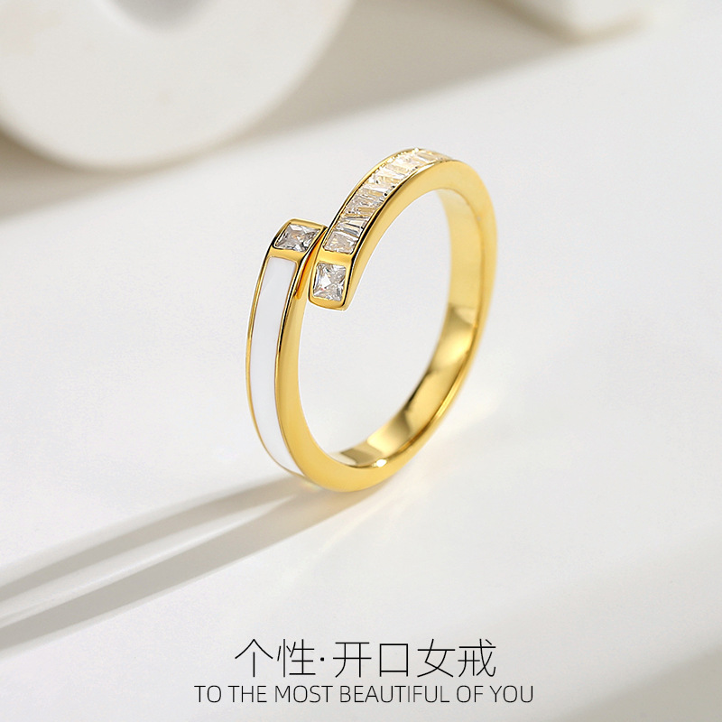 S925银戒指女韩版一字排钻指环轻奢风新款时尚设计感几何开口戒指