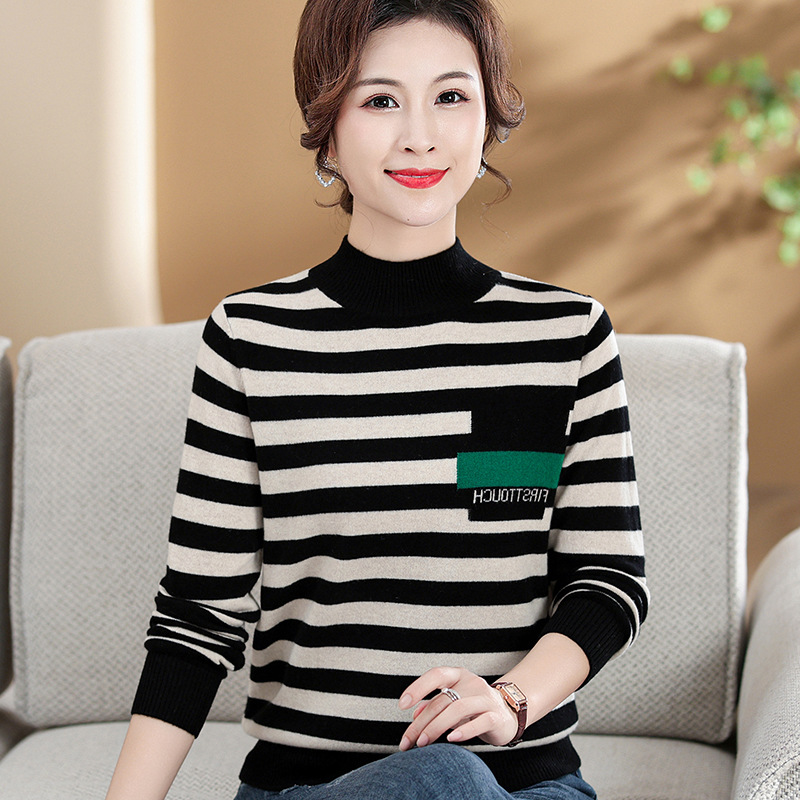 精品羊毛条纹针织衫女半高领时尚休闲简约外穿毛衣大牌内胆打底衫