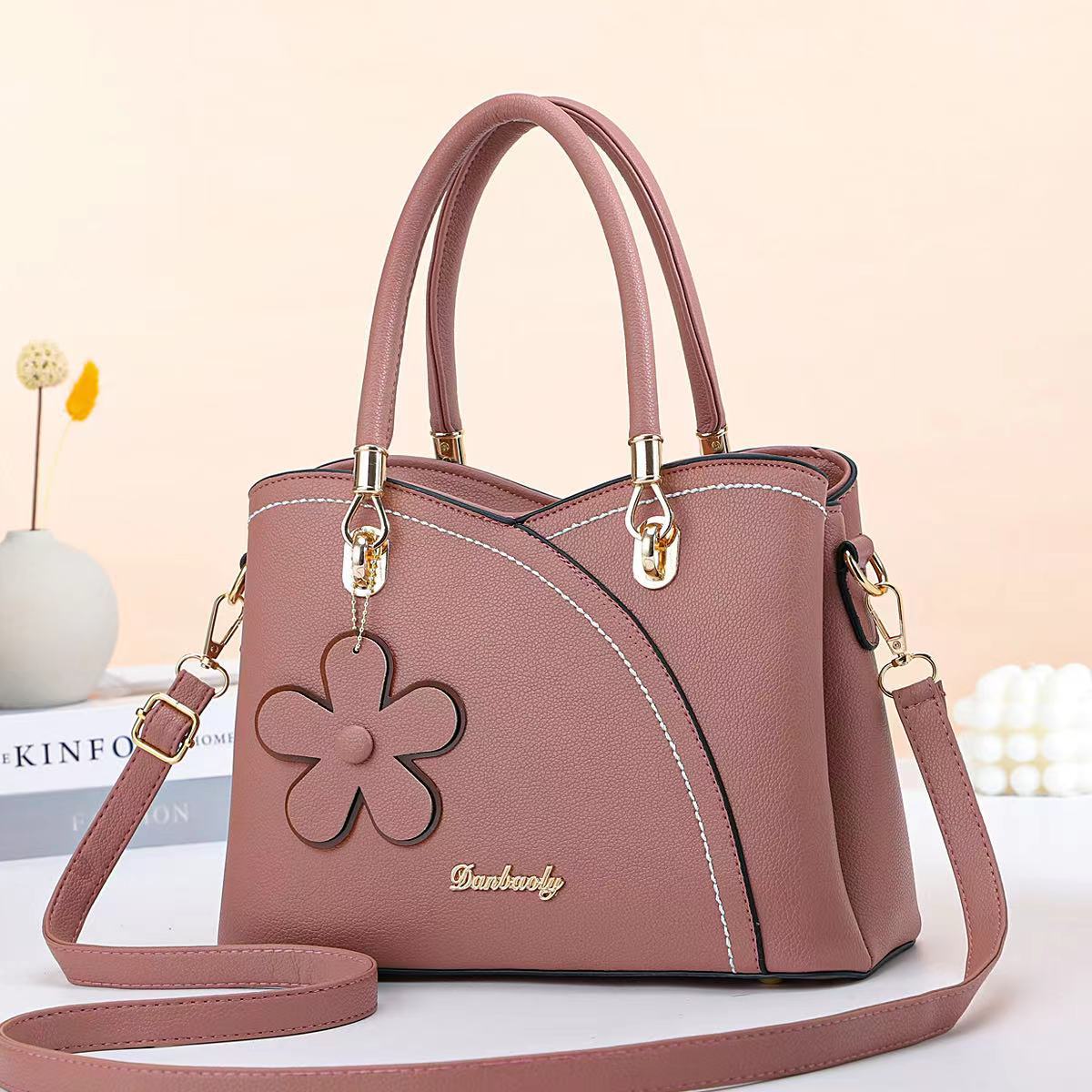 Women's Bag New Fashion Flower Solid Color Casual Large Capacity Portable Boston Bag Shoulder Bag Simple