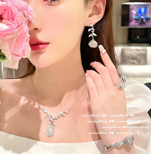 舒伯特玫瑰宝石项链 美式精切镀18K金玫瑰花锆石水滴耳环戒指组合