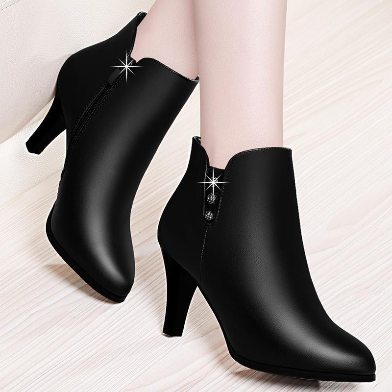 高跟鞋女冬真皮新款冬季单鞋子女靴高跟鞋低跟细跟短靴加绒靴子中