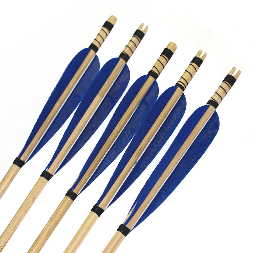 huwairen传统反曲弓通用蓝羽毛真羽木箭银箭头5英寸箭羽直径8mm