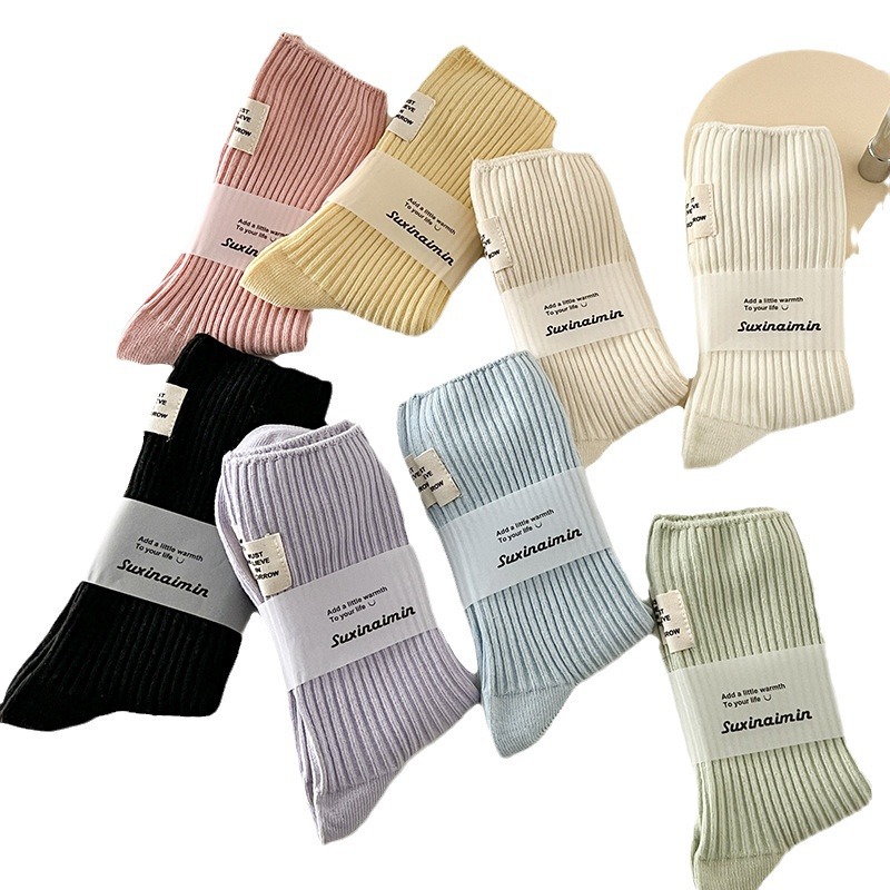 袜子女中筒袜春秋季双针堆堆袜纯色棉袜日系白色长袜订标标马卡龙