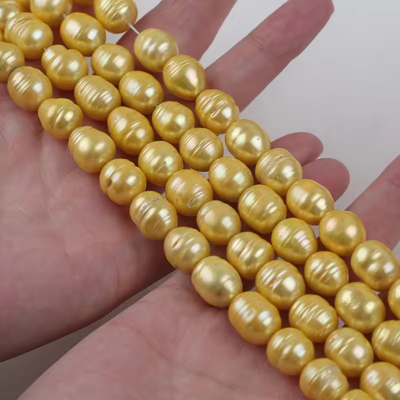 天然淡水珍珠串11-12mm金色米形珍珠串 小米珍珠米粒形散珠批发