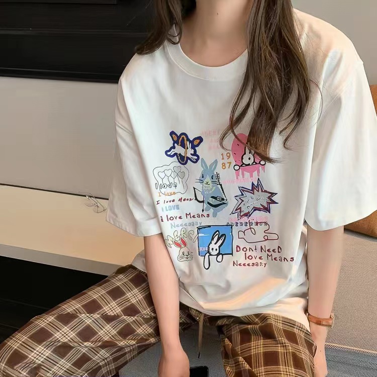 ader夏款卡通小兔子印花短袖t恤 韩国潮牌涂鸦兔子女