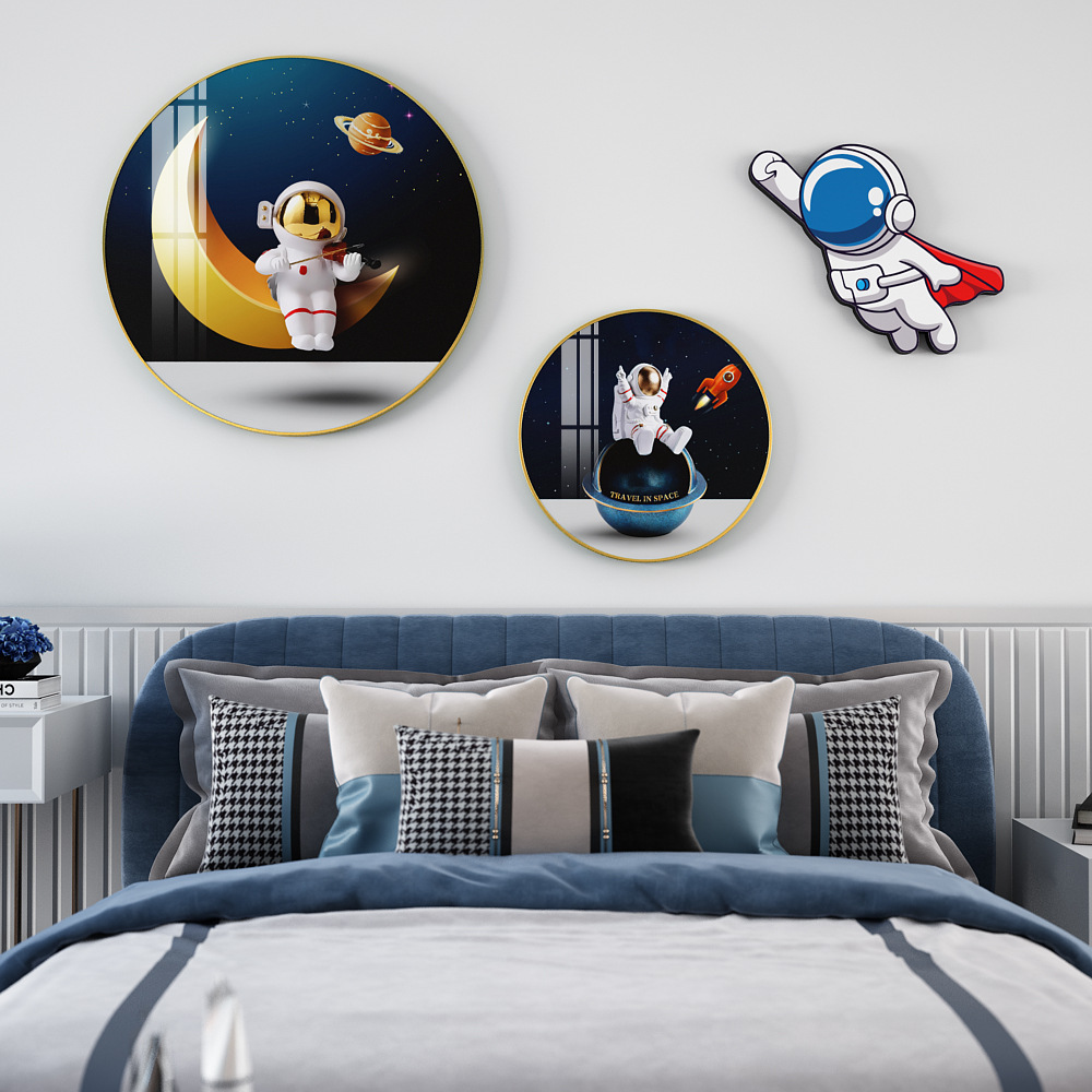 b33 儿童房卧室圆形装饰画太空宇航员床头背景墙男孩房间卡通挂画