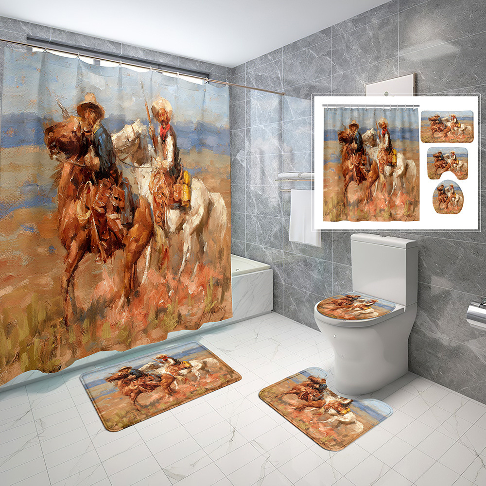 Digital Printing Shower Curtain Four-Piece Set Non-Fading Waterproof Polyester Shower Curtain Bathroom Toilet Mat Three-Piece Set