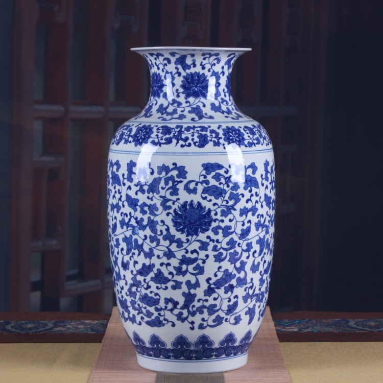 陶瓷花瓶摆件青花缠枝莲大号冬瓜瓶玄关装饰品柜台落地花瓶批发
