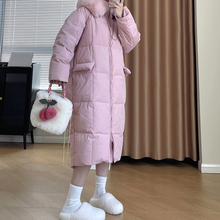 羽绒服女中长款2023冬季韩版小众方糖大毛领连帽90白鸭绒外套