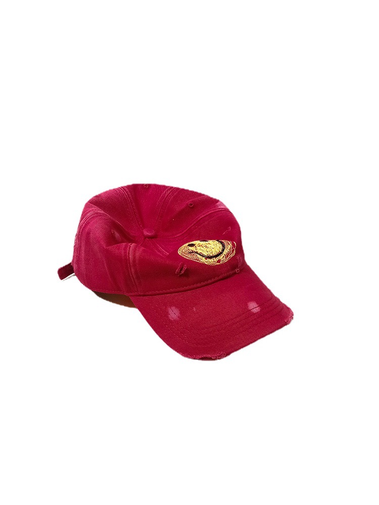 Smiley Face Make Old Ripped Hat Men's Personality Retro Baseball Cap Summer Tide Hip Hop Soft Top Wine Red Peaked Cap Women's Wide Brim