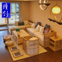 新中式沙发日式小户型客厅实木转角沙发民宿布艺家具房