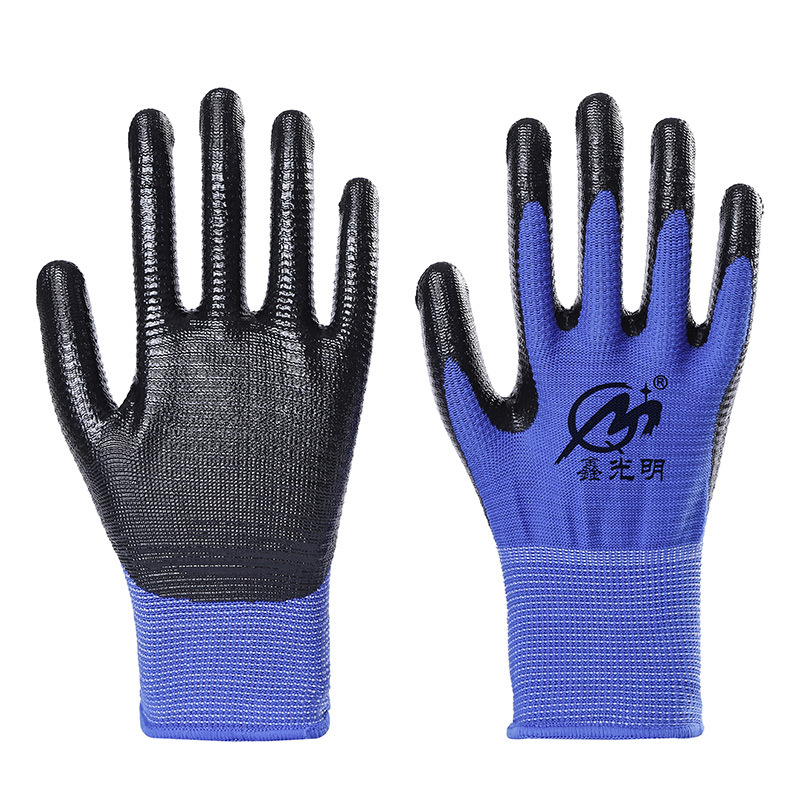 Classic Blue and White Nitrile Protective Gloves Construction Site Protective Wear-Resistant Gloves Breathable Non-Slip Gloves Nylon Dipped Gloves