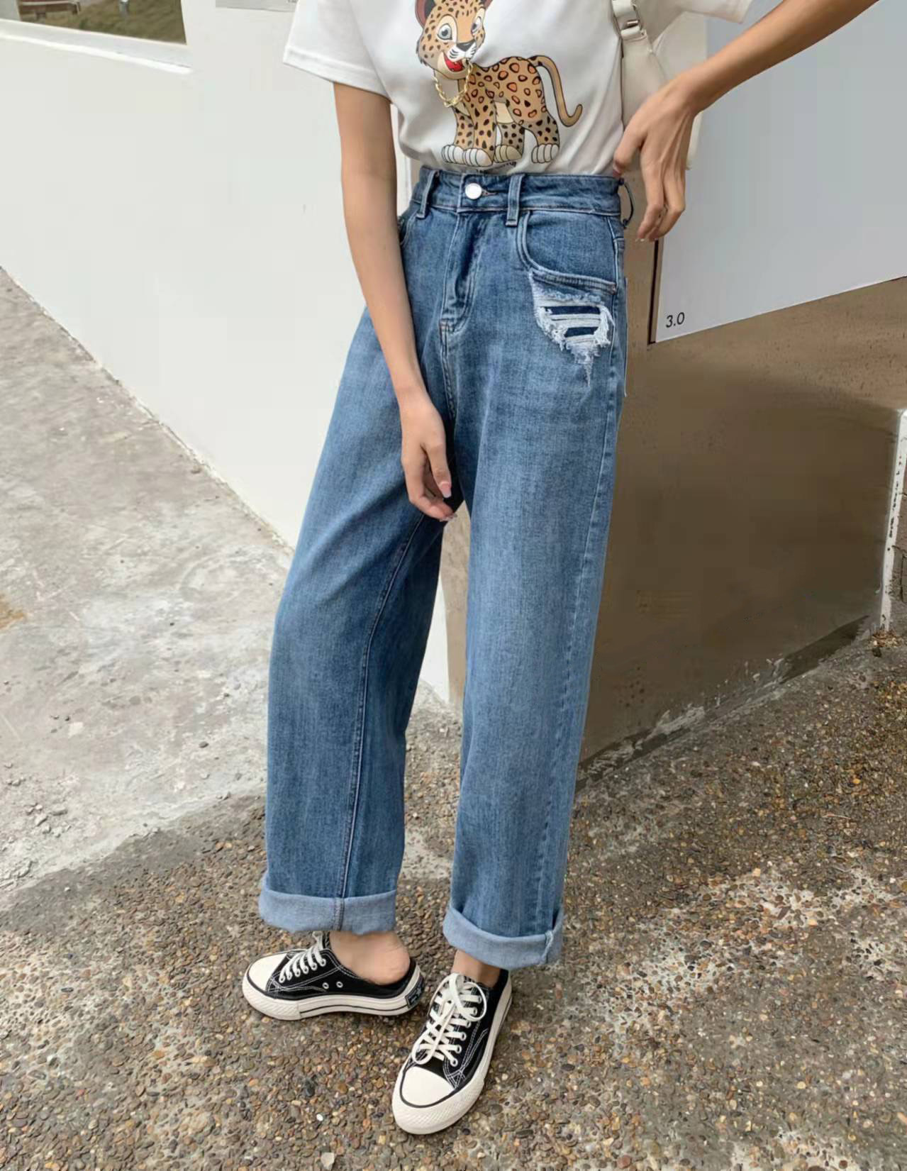 莉之绮 破洞口袋男友裤春季新款显瘦休闲老爹阔腿拖地长裤220018